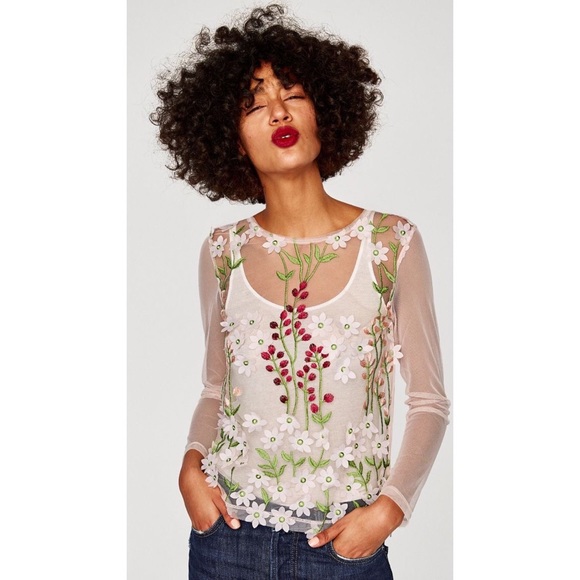NEW ZARA PALE PINK SHEER TULLE FLORAL APPLIQUÉ TOP - Picture 10 of 10
